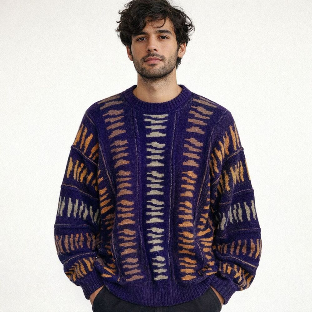 K. Cosa 3D Textured Knit Crewneck Sweater Mens Size L VTG 90s Mod Pullover